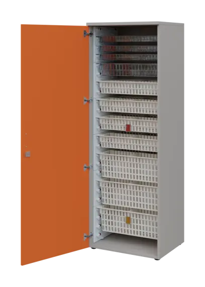 EUROMEDICA D - 66 skříň léková boxová, 1-dveřová, levá, 1950x660x535, korpus šedý, dvířka mandarinka